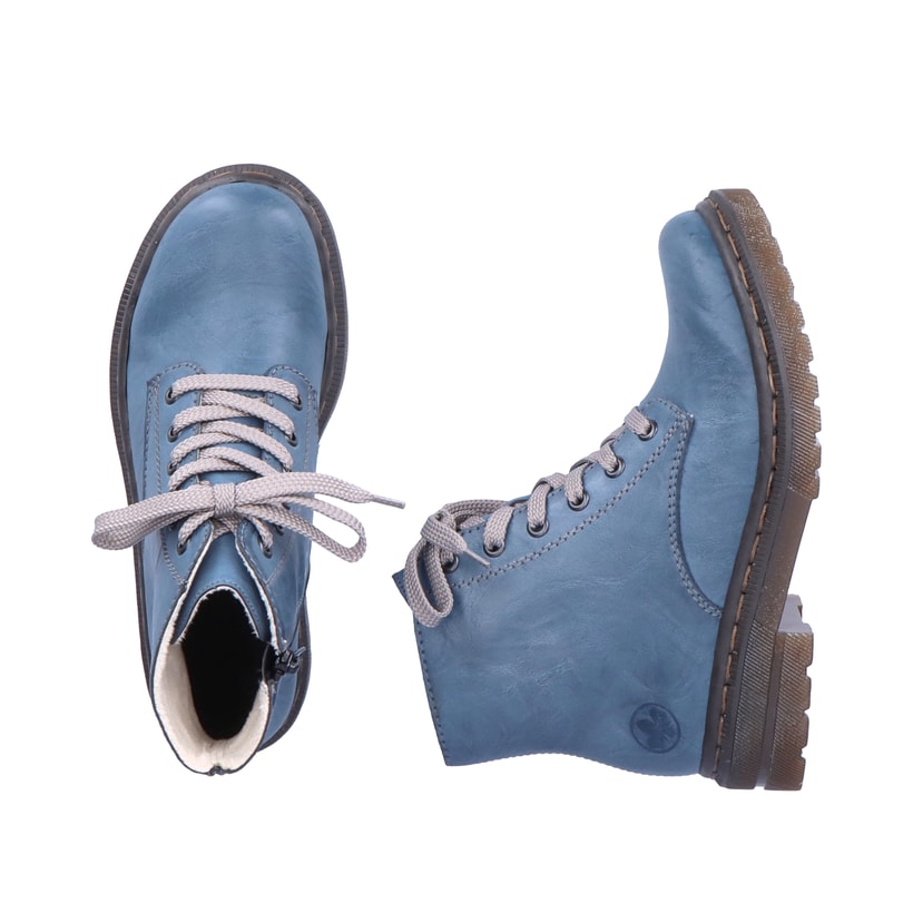 Himmelblaue Rieker Damen Schnürstiefel 78240-14 mit einem Reißverschluss. Schuh von oben, liegend.