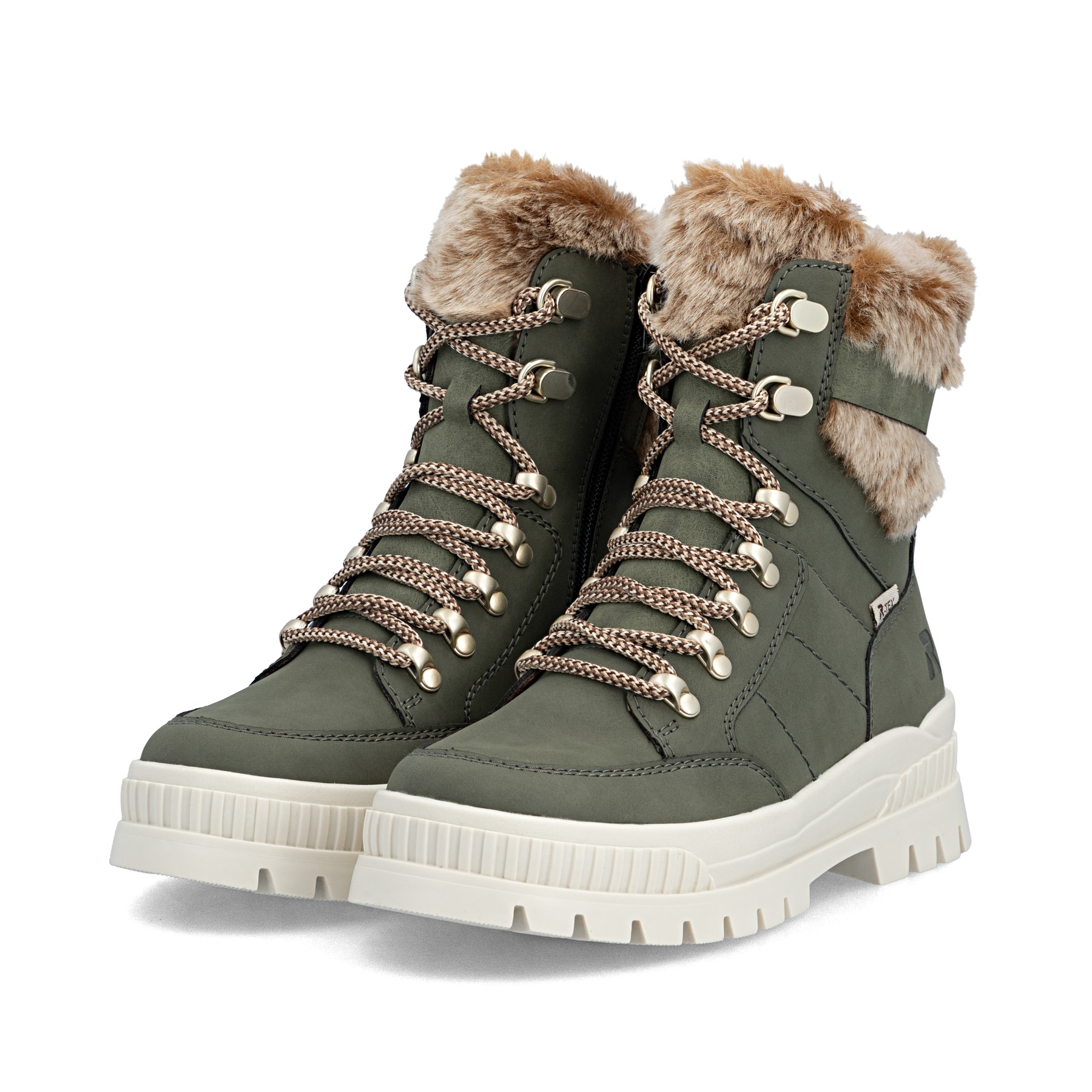 Khakifarbene Rieker Damen Schnürstiefel W2100-54 aus Rauleder. Schuhpaar seitlich schräg.