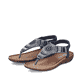 Blaue Rieker Damen Zehentrenner V7561-14 mit modischen Flechtelementen. Schuhpaar seitlich schräg.