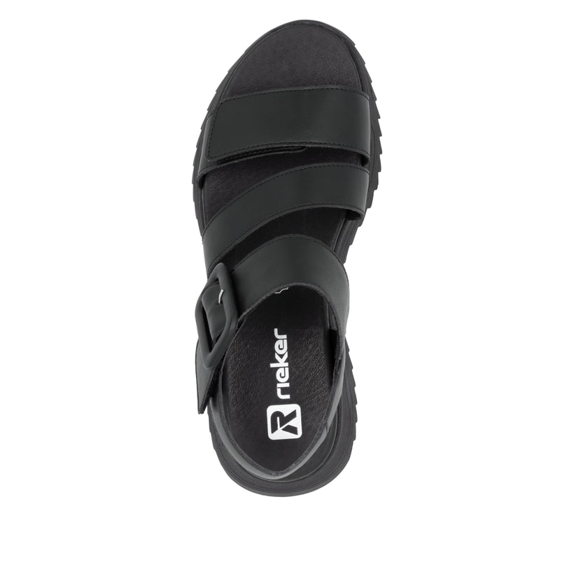 Schwarze Rieker Damen Riemchensandalen W2950-00 mit einem Klettverschluss. Schuh von oben.