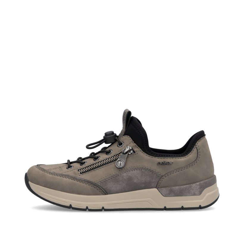 Zartrosane vegane Rieker Damen Loafer 58955-31 mit einem Elastikeinsatz. Schuh Außenseite gespiegelt.