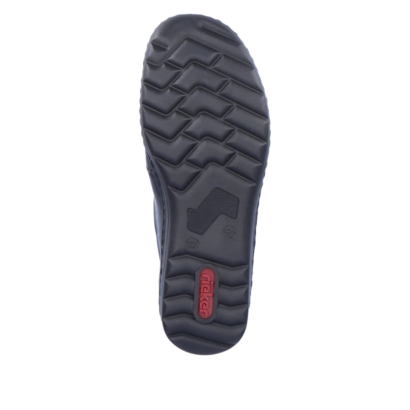 Mocassins Rieker bleus pour femmes 48951-14 avec fermeture velcro. Semelle extérieure de la chaussure.