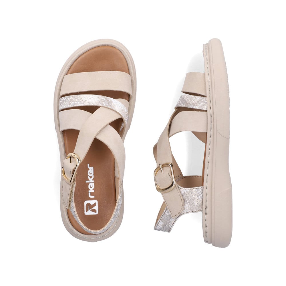 Beige Rieker Damen Riemchensandalen V3063-62 mit trendiger Schnalle. Schuh von oben, liegend.