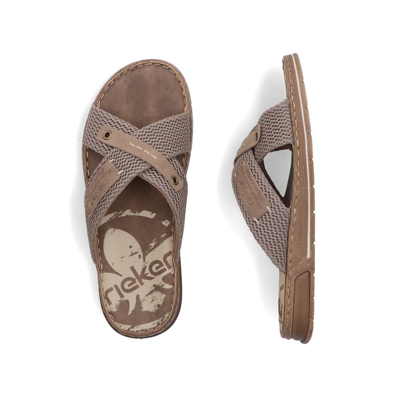 Beige Rieker Herren Pantoletten 21239-64 mit Komfortweite G sowie leichter Sohle. Schuh von oben, liegend.