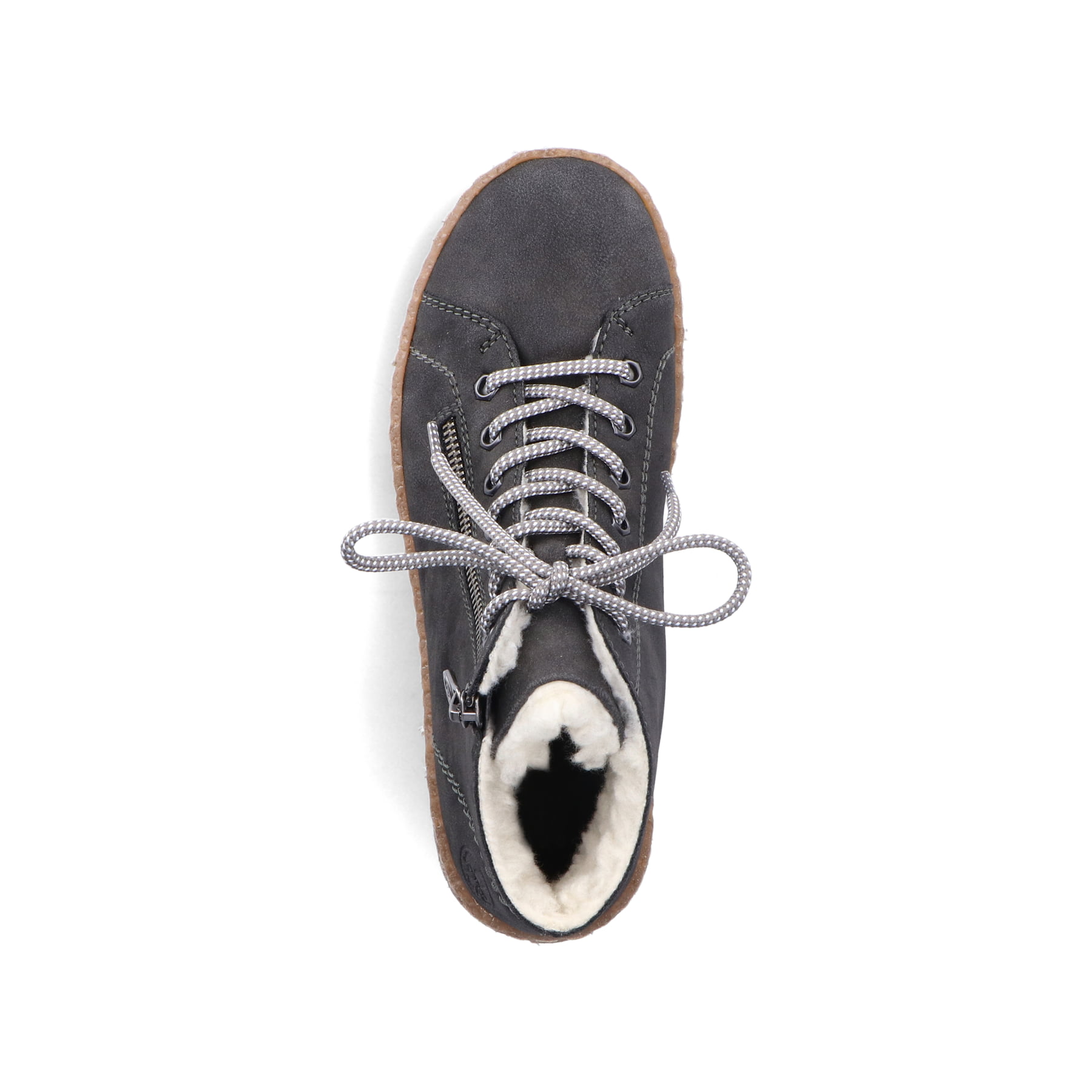 Asphaltgraue Rieker Damen Schnürschuhe N1020-45 mit Schnürung und Reißverschluss. Schuh von oben