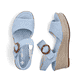 Blaue vegane Rieker Keilsandaletten 68763-10 mit trendigen Schnalle. Schuh von oben, liegend.