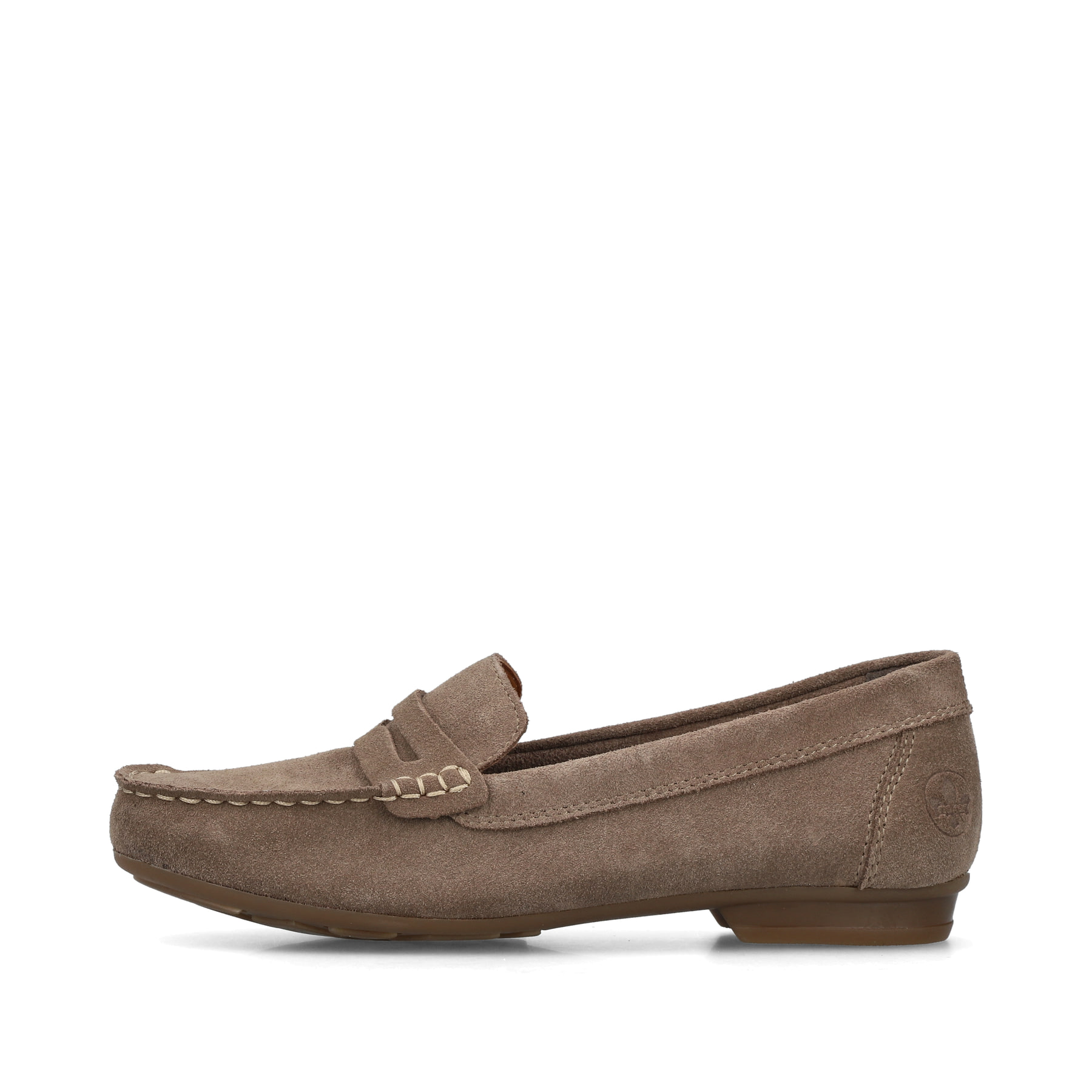 Beige Rieker Damen Loafer 40051-62 mit der schmalen Passform E 1/2. Schuh Außenseite.