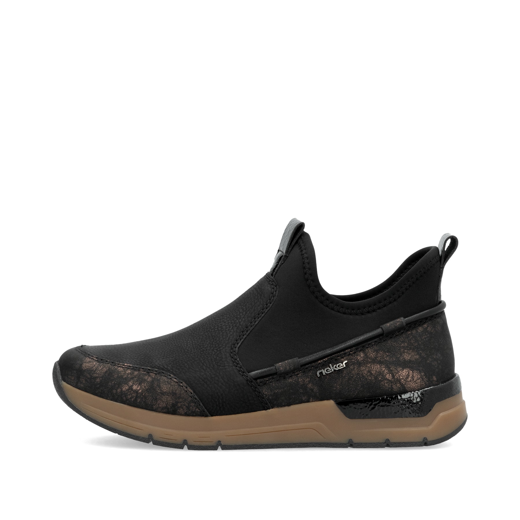 Chaussons Rieker noirs pour femme 58954-00 avec col de tige élastique. Côté extérieur de la chaussure.