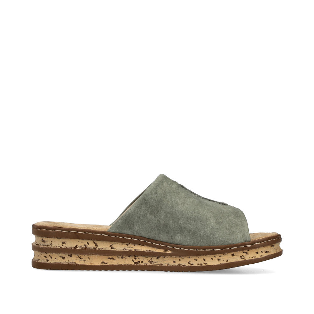 Mintgrüne Rieker Damen Pantoletten 62905-53 mit moderner Spannnaht. Schuh Innenseite.