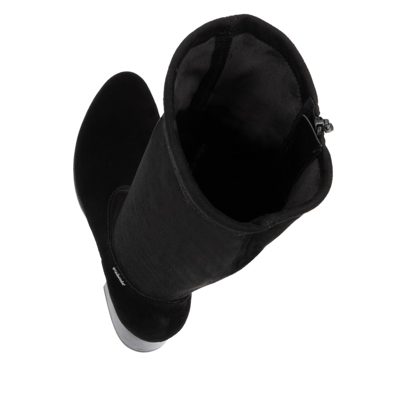 Tiefschwarze Rieker Damen Hochschaftstiefel 78654-00 mit einem Reißverschluss. Schuh von oben, liegend.