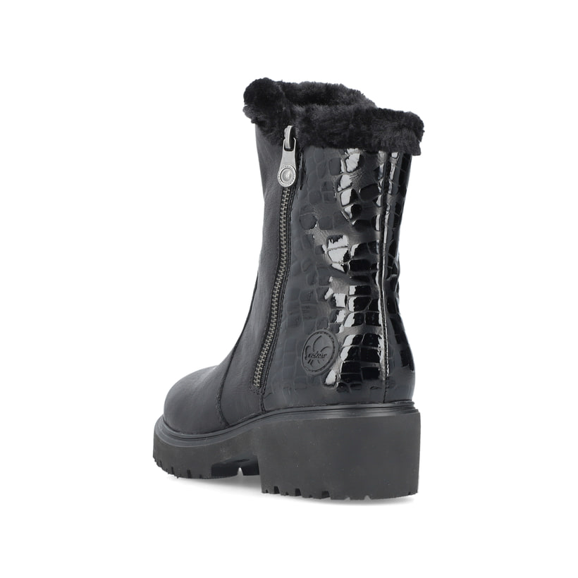 Graphitschwarze Rieker Damen Kurzstiefel 76061-00 mit Fellschaftrand. Schuh von hinten.