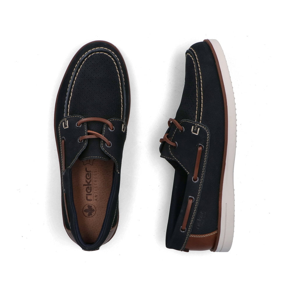 Blaue Rieker Herren Schnürschuhe B2345-14 aus Glattleder mit der Komfortweite G. Schuh von oben, liegend.