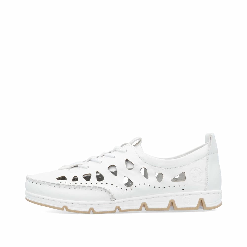 Weiße Rieker Damen Slipper 49956-80, Barfußschuhe mit einem Gummizug. Schuh Außenseite.