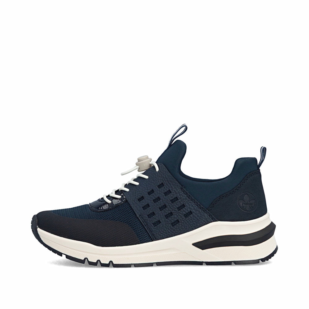 Dunkelblaue Rieker Damen Sneaker Low M6651-14 mit Gummizug sowie Extraweite H. Schuh Außenseite.