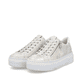 Beige Rieker Damen Sneaker Low M1953-60 mit einem Reißverschluss. Schuhpaar seitlich schräg.