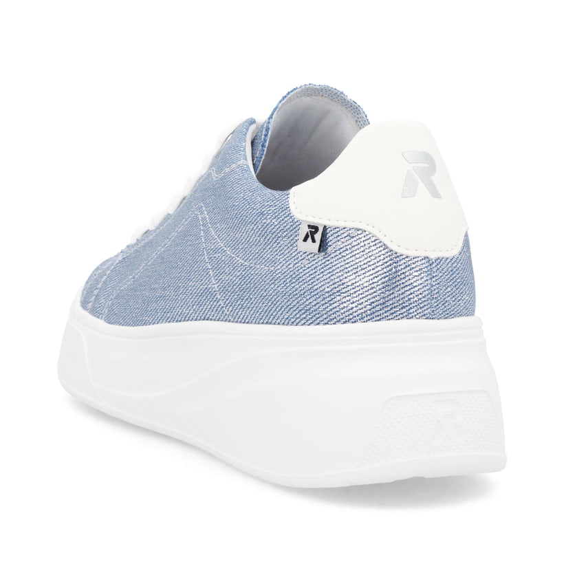 Baskets basses Rieker bleues végétaliennes femme W2302-14 avec lacets. Chaussure vue de l'arrière.