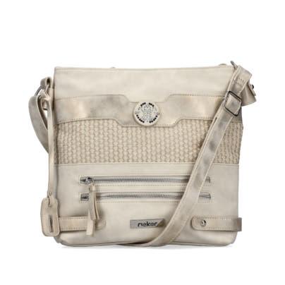Rieker Umhängetasche H1346-92 in Beige-Kombi mit Schmucksteinen und praktischen Innen- und Außenfächern. Vorderseite.