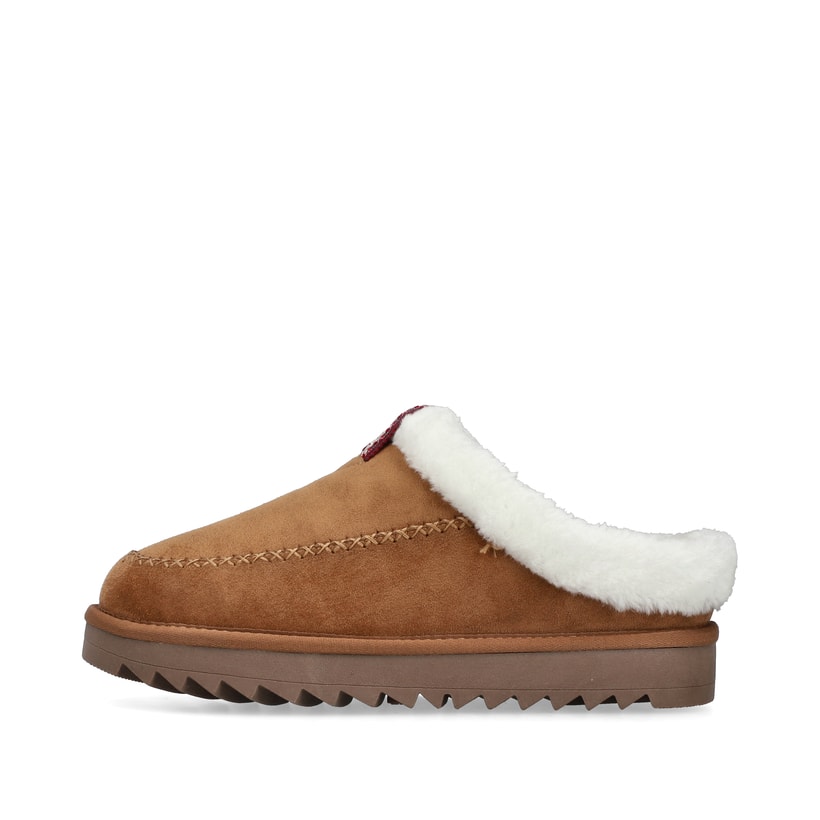 Hellbraune Rieker Damen Clogs 99890-24 mit Fellschaftrand sowie Komfortweite G. Schuh Außenseite.