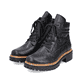 
Nachtschwarze Rieker Damen Biker Boots 72603-00 mit Schnürung und Reißverschluss. Schuhpaar schräg.