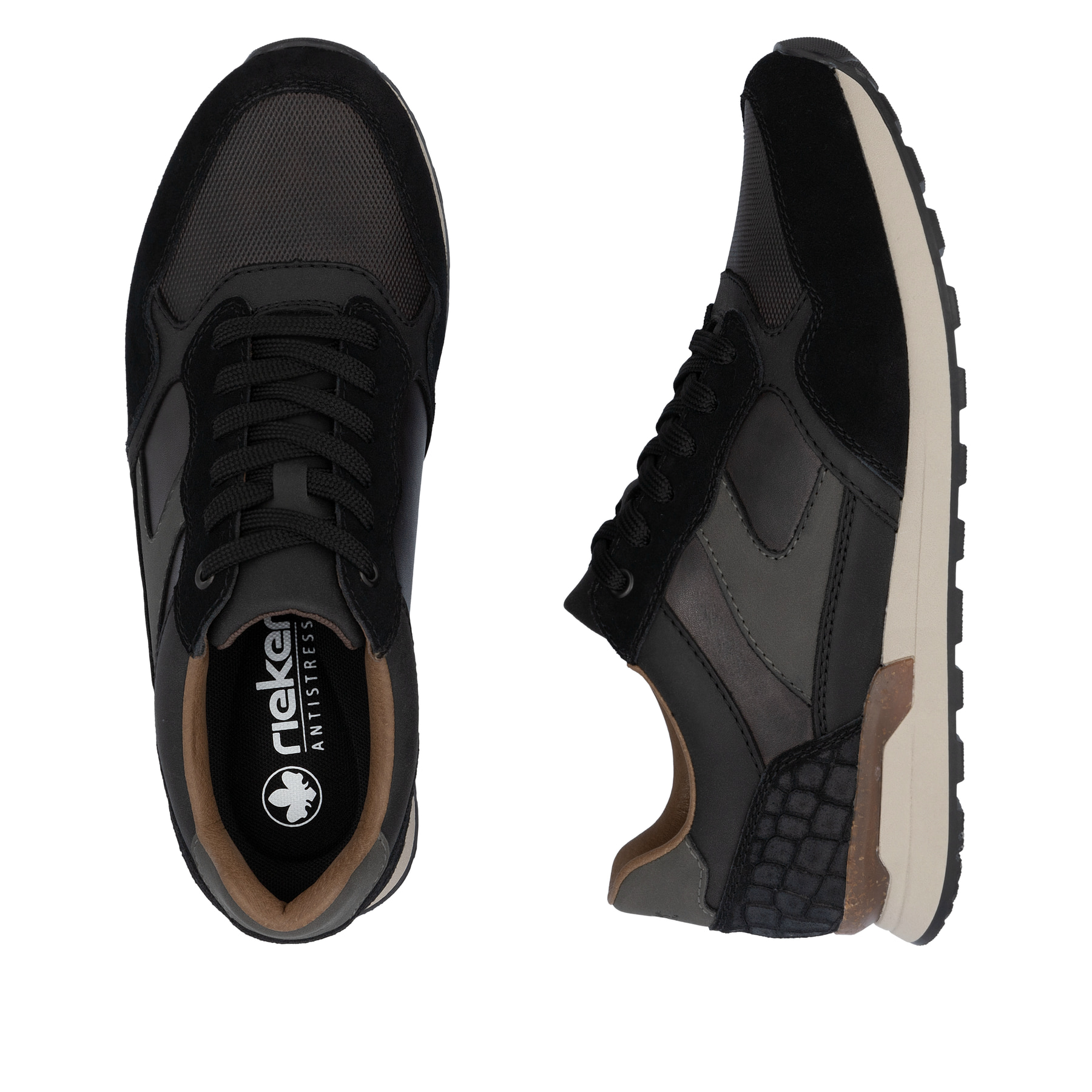 Schwarze Rieker Herren Sneaker Low U0313-00 aus Rauleder mit einer Schnürung. Schuh von oben, liegend.