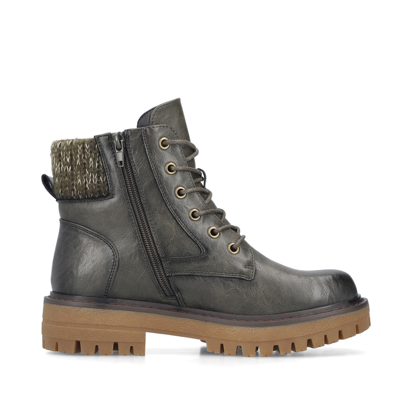 Dunkelgrüne Rieker Damen Schnürstiefel 92920-54 mit einem Reißverschluss. Schuh Innenseite.