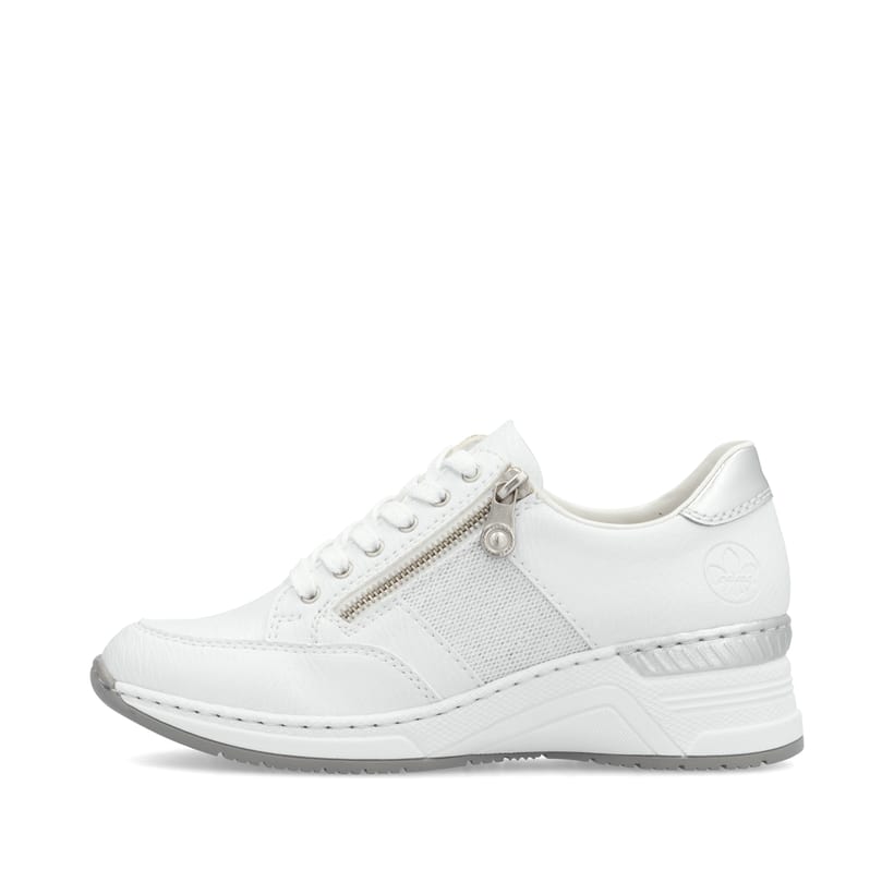 Weiße Rieker Damen Sneaker Low N4322-80 mit Reißverschluss sowie Komfortweite G. Schuh Außenseite.