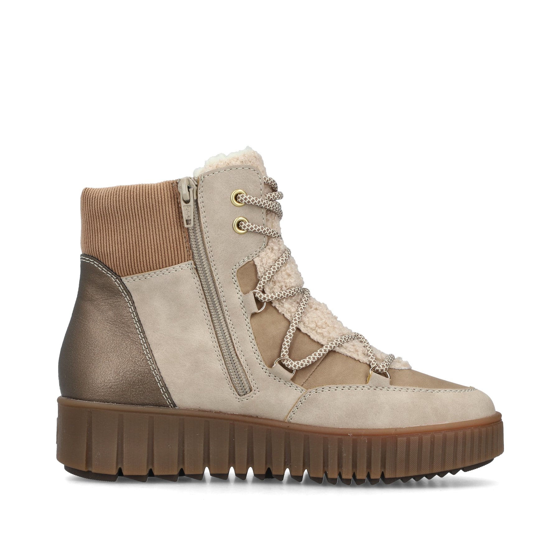 Beige Rieker Damen Schnürstiefel Y6120-60 mit einem Reißverschluss. Schuh Innenseite.
