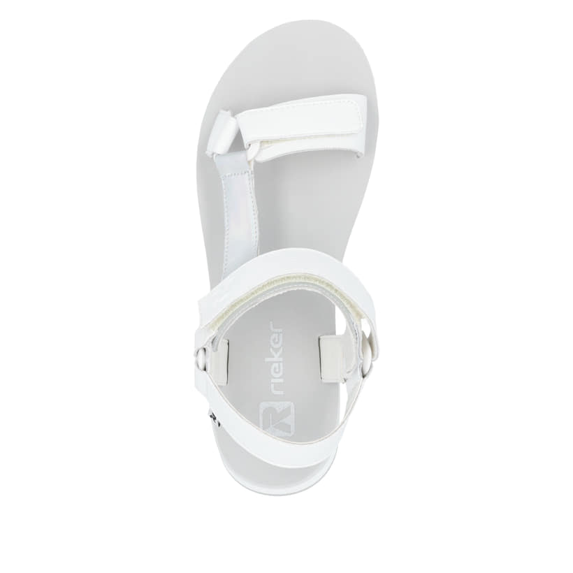 Weiße Rieker Damen Riemchensandalen W3051-80 mit einem Klettverschluss. Schuh von oben.