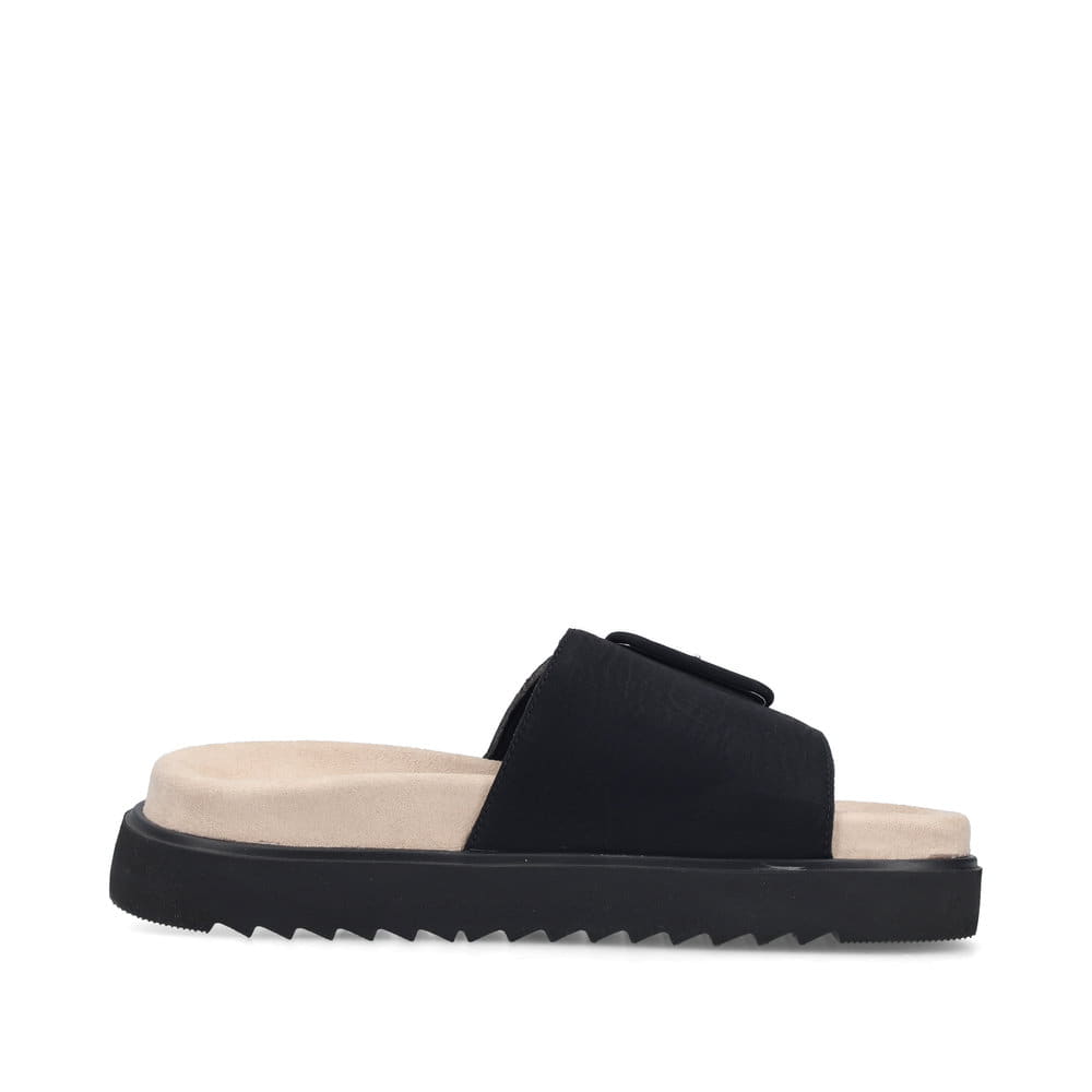 Mules Rieker noires pour femme V5650-00 avec boucle tendance. Côté intérieur de la chaussure.