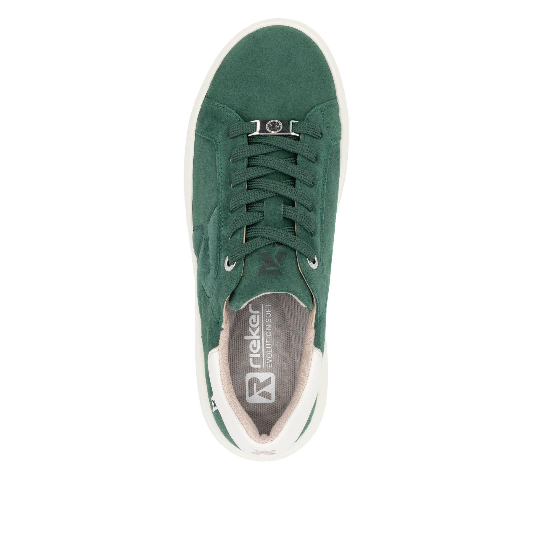 Baskets basses Rieker vertes pour femme W1204-54 avec semelle à plateau. Chaussure vue de dessus.