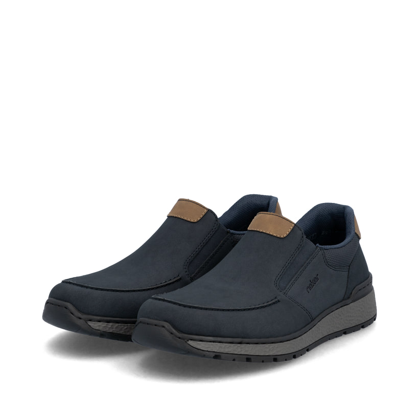 Dunkelblaue Rieker Herren Slipper B9062-15 mit einer schockabsorbierenden Sohle. Schuhpaar schräg.
