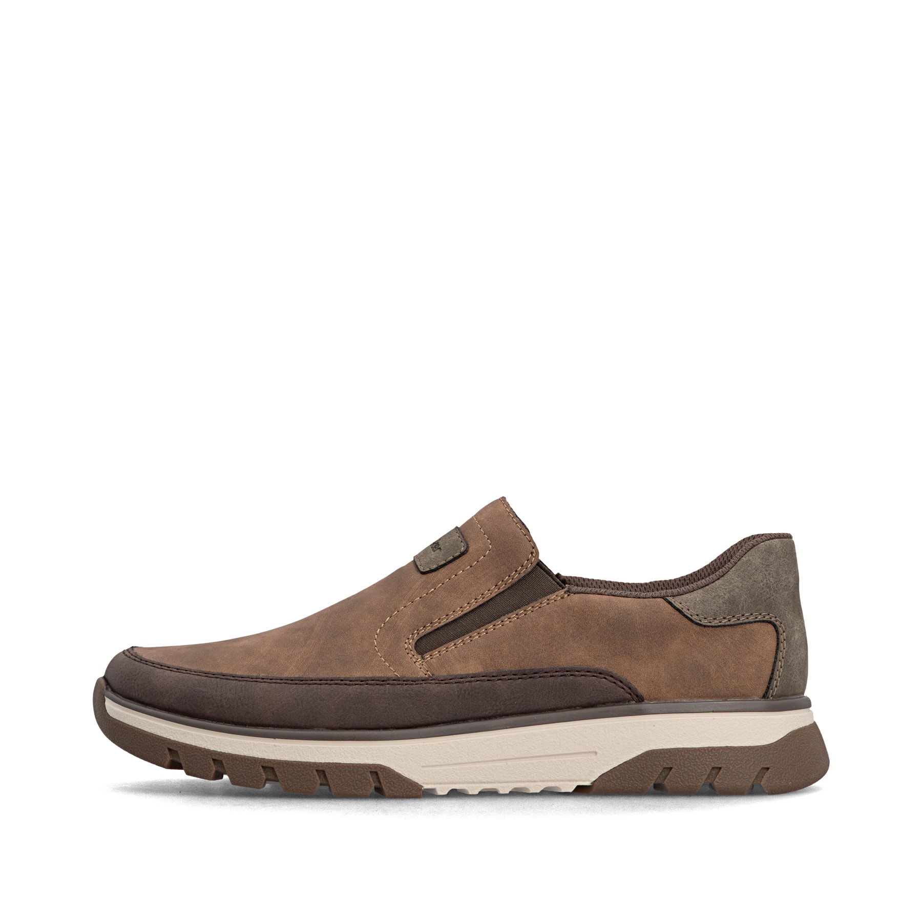 Mocassins Rieker marron pour homme B9350-24 avec bande élastique. Côté extérieur de la chaussure.