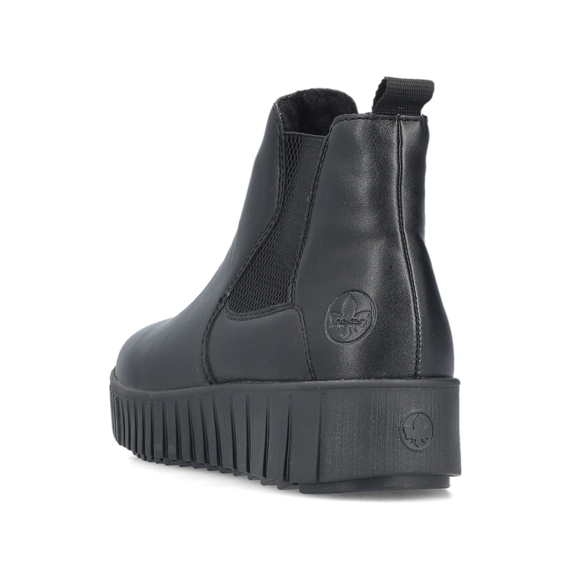 Schwarze Rieker Damen Chelsea Boots Y6151-00 mit einem Reißverschluss. Schuh von hinten.