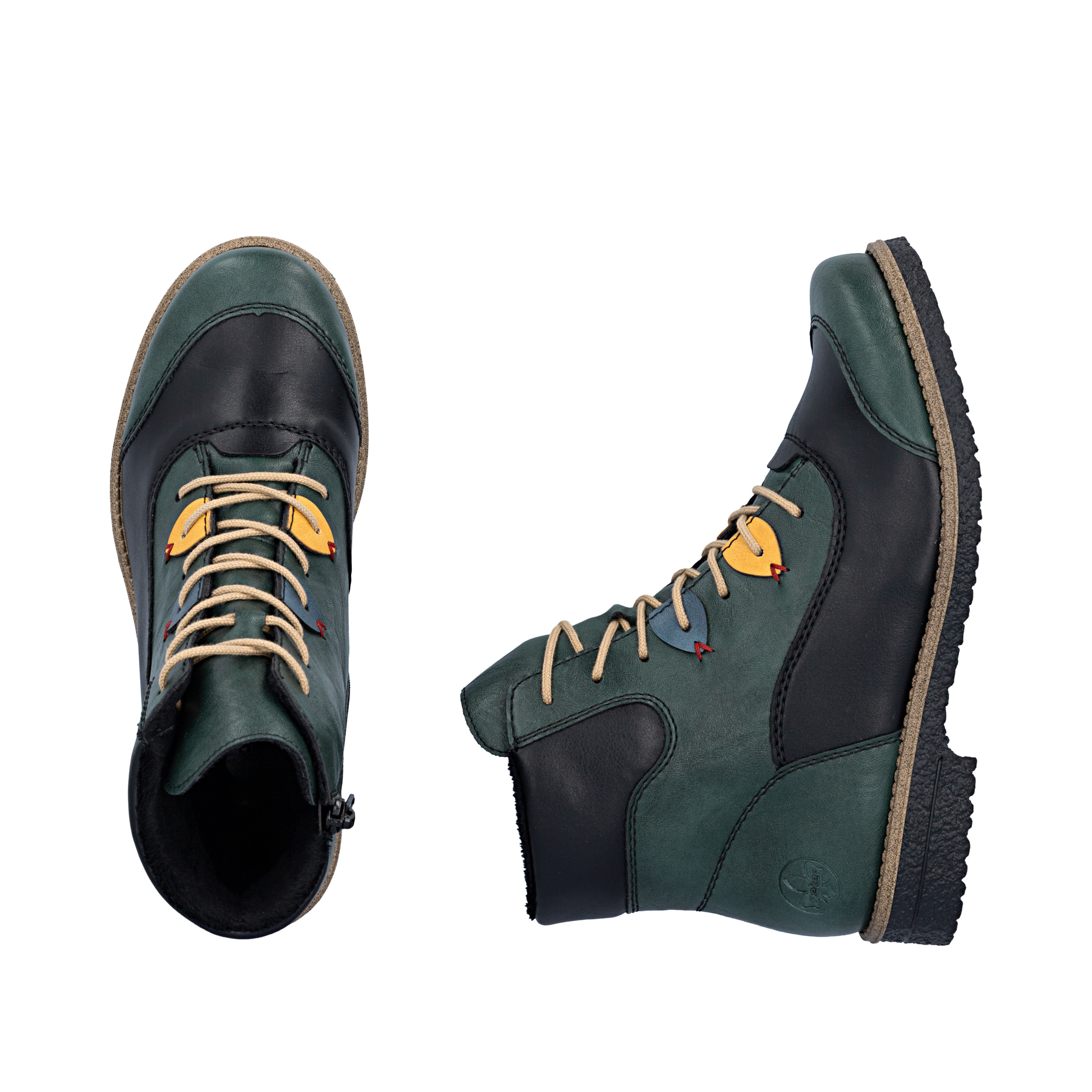 Blau-schwarze Rieker Damen Schnürstiefel 73510-90 mit farbenfrohen Details. Schuh von oben, liegend.