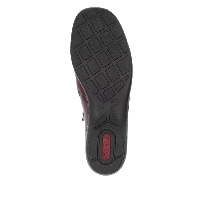 Weinrote Rieker Damen Kurzstiefel 58388-36 aus Glattleder mit dekorativer Blume. Schuh Laufsohle.