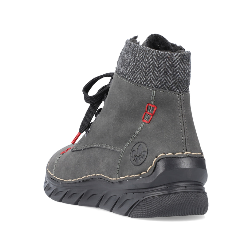 Graue Rieker Damen Schnürstiefel 55031-45 mit einer schockabsorbierenden Sohle. Schuh von hinten