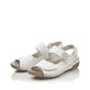 Weiße Rieker Damen Riemchensandalen V7272-80 mit einem Klettverschluss. Schuhpaar seitlich schräg.