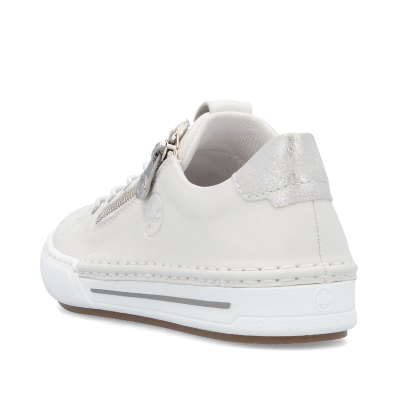 Weiße Rieker Damen Slipper L7250-80 mit einem Reißverschluss. Schuh von hinten.