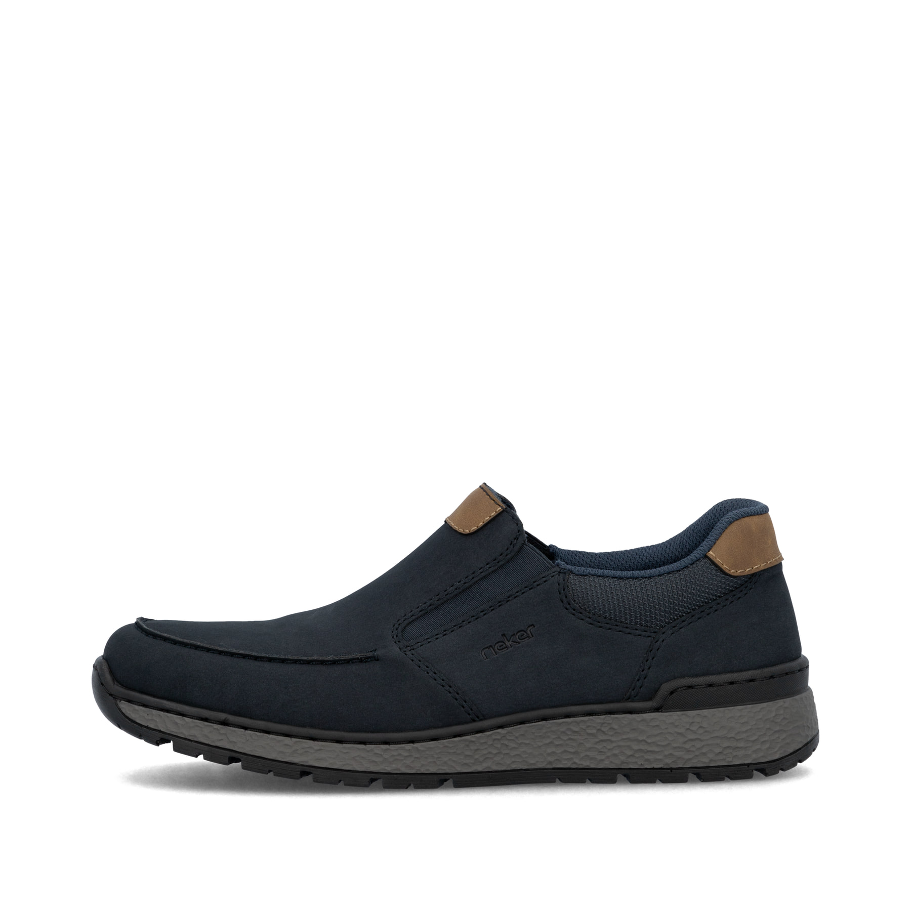 Dunkelblaue Rieker Herren Slipper B9062-15 mit einer schockabsorbierenden Sohle. Schuh Außenseite