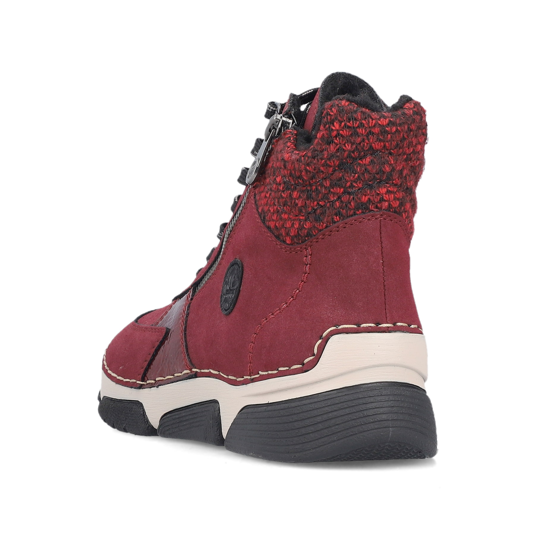 Dunkelrote Rieker Damen Schnürstiefel 45960-35 mit einem Reißverschluss. Schuh von hinten.