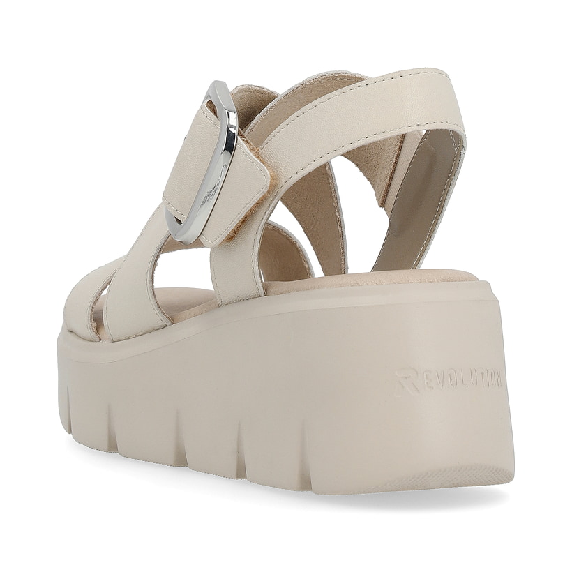 Beige Rieker Keilsandaletten W1550-60 mit ultra leichter und flexibler Sohle. Schuh von hinten.