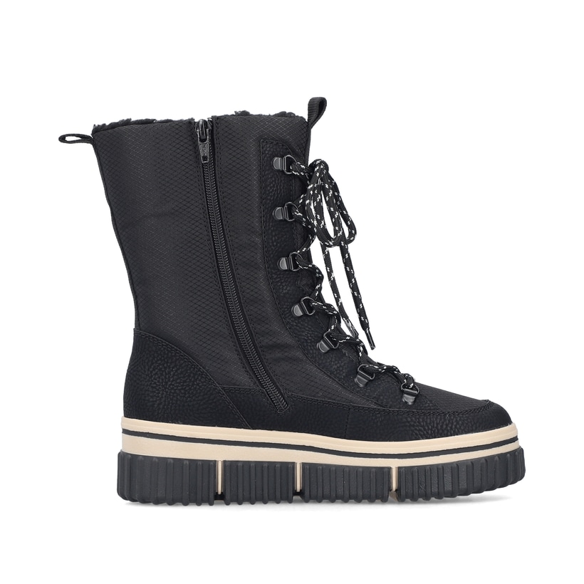 Vegane, schwarze Rieker Damen Kurzstiefel Y6380-00 mit einem Reißverschluss. Schuh Innenseite.
