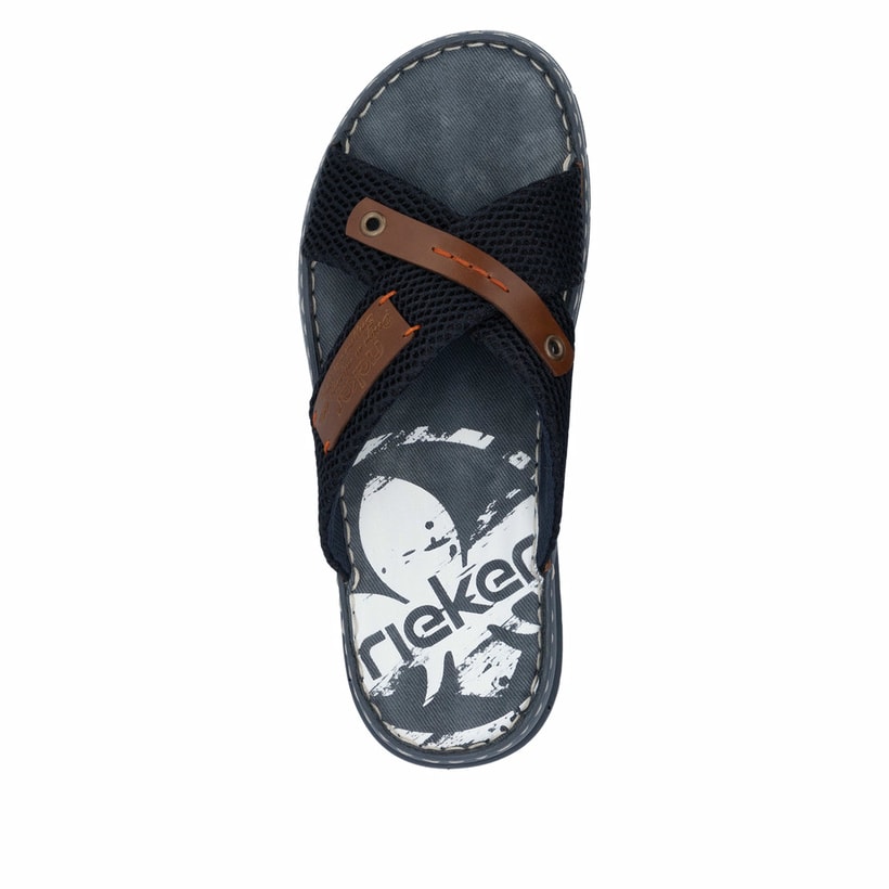 Blaue Rieker Herren Pantoletten 21239-14 mit Komfortweite G sowie leichter Sohle. Schuh von oben.