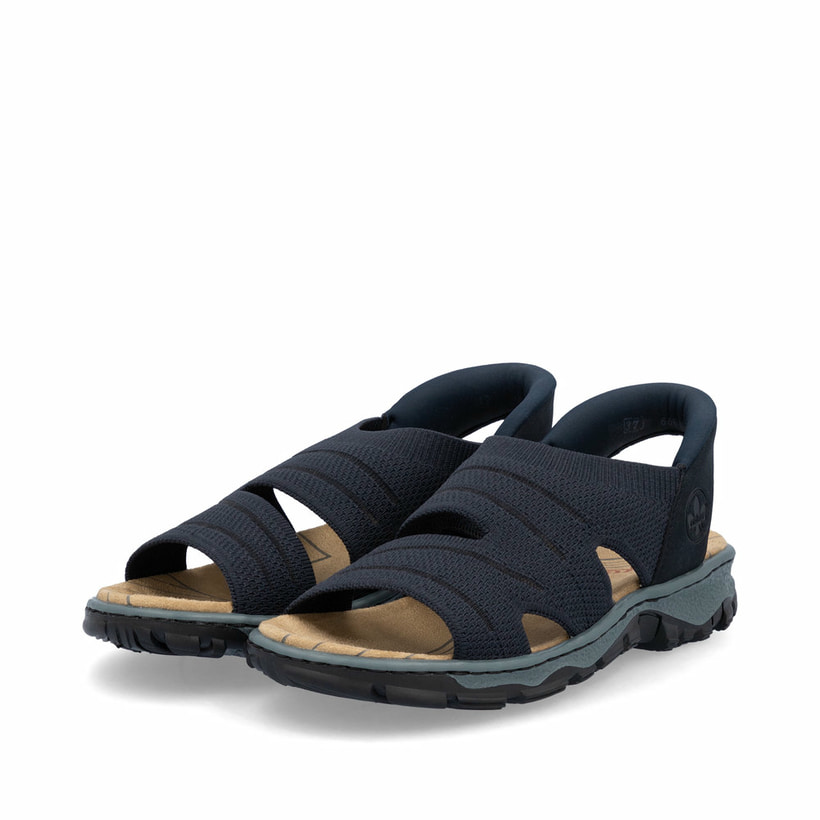 Blaue vegane Rieker Damen Trekkingsandalen 68895-14 mit Ready2GO Slip-in Feature. Schuhpaar seitlich schräg.