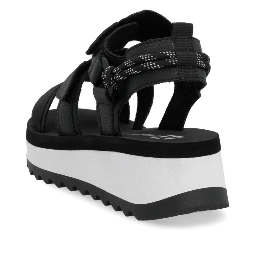 Schwarze Rieker Damen Riemchensandalen W3052-00 mit einem Klettverschluss. Schuh von hinten.