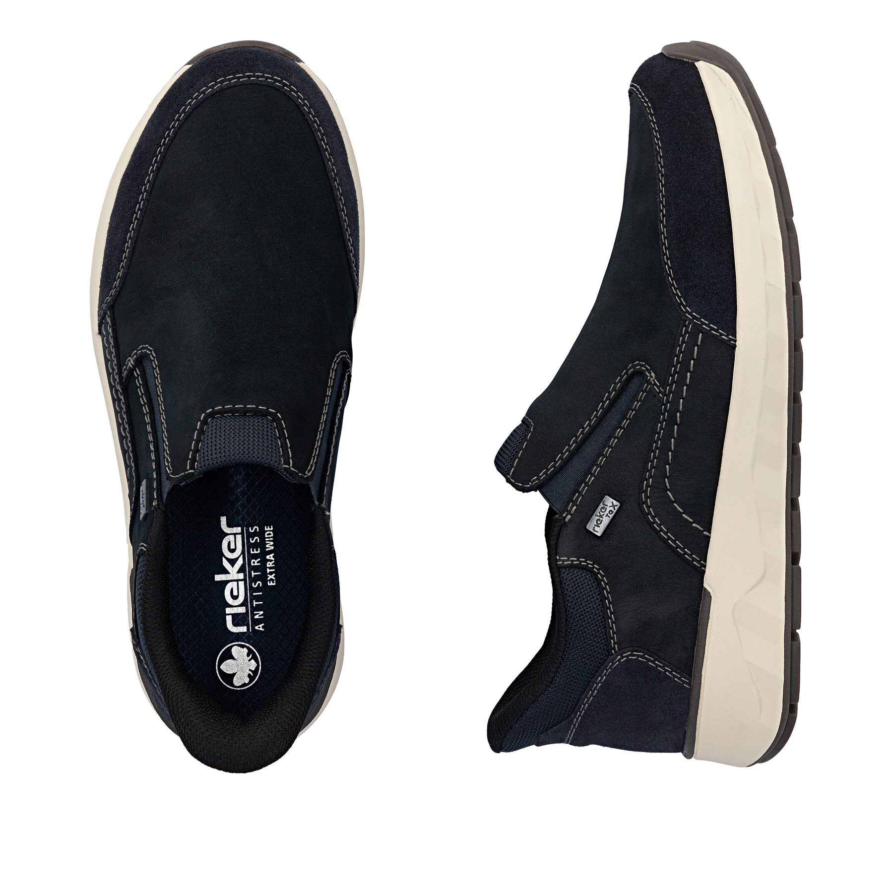 Blaue Rieker Herren Slipper 11551-14 aus Rauleder. Schuh von oben, liegend.