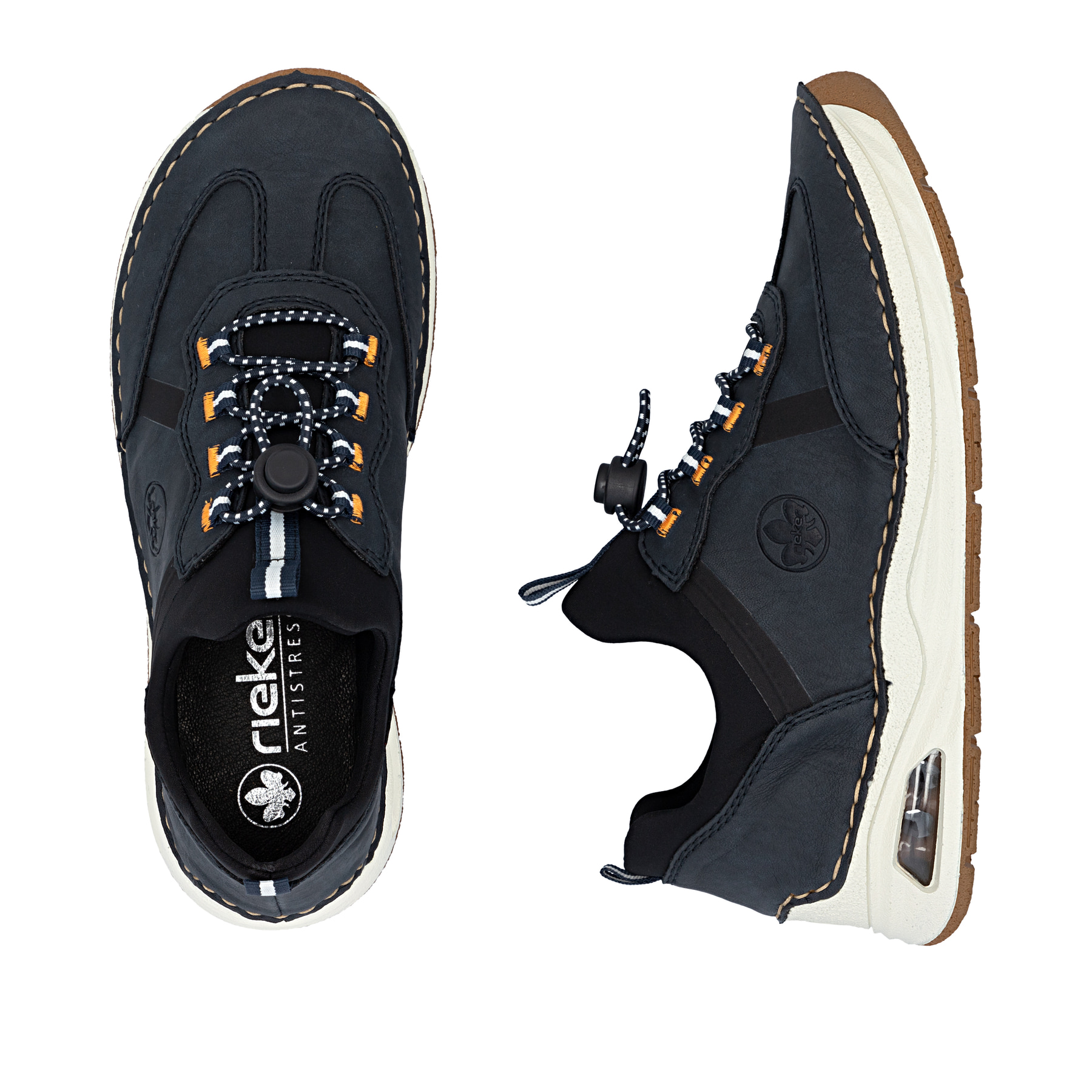Mocassins Rieker bleus femme 44551-14 avec fenêtre de semelle Rieker Air. Chaussure vue de dessus, couchée.