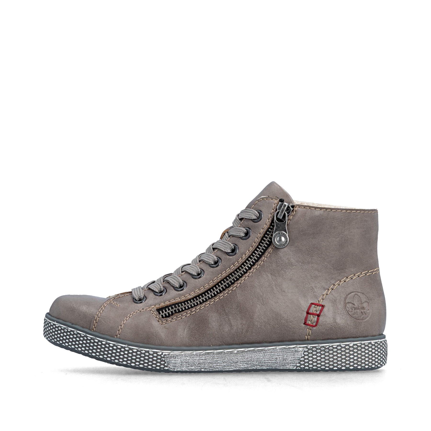 Hellgraue Rieker Damen Schnürstiefel Z1221-42 mit einem Reißverschluss. Schuh Außenseite.