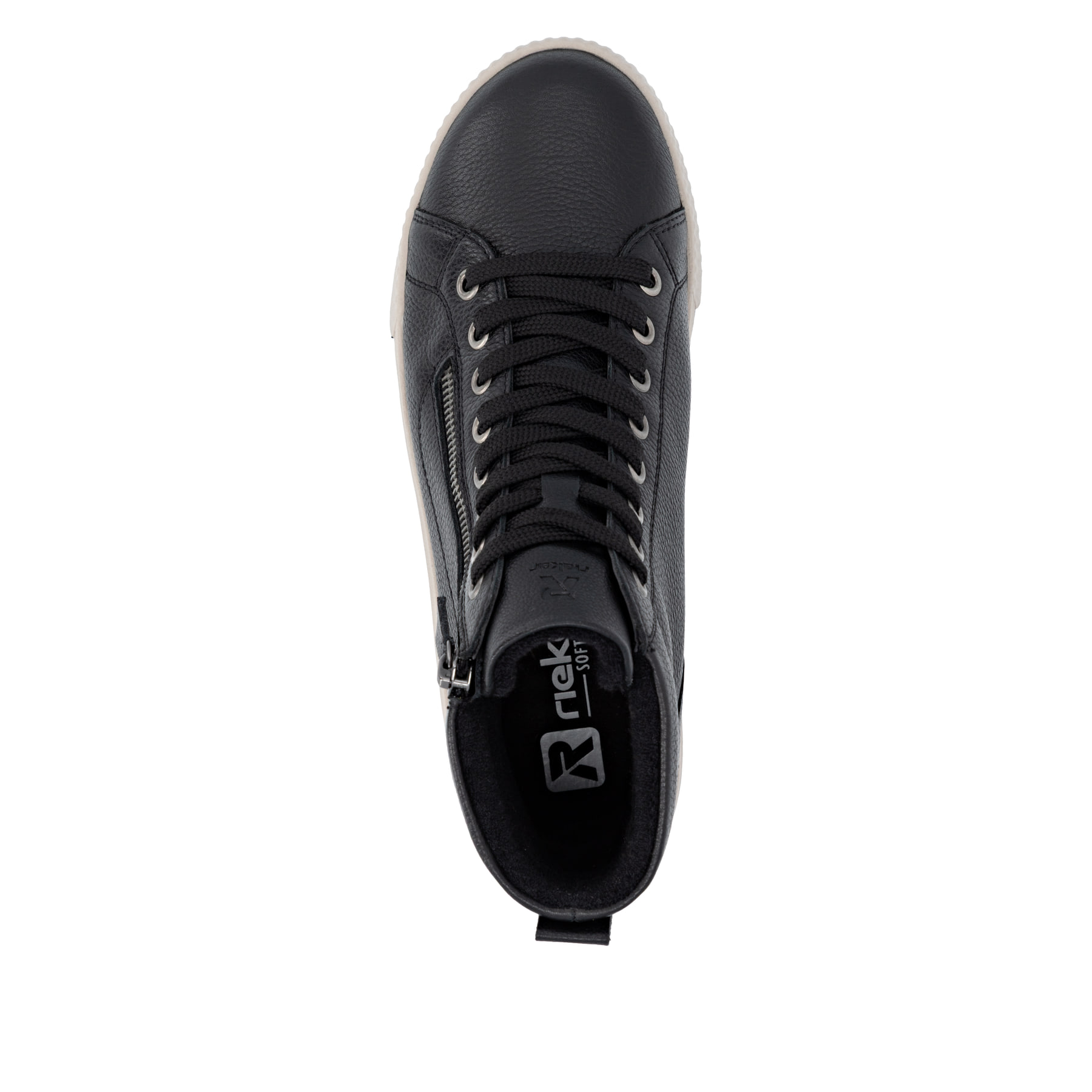 Baskets montantes Rieker noires pour femme W0164-00 en cuir lisse. Semelle extérieure de la chaussure.