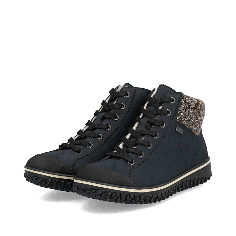 Ozeanblaue Rieker Damen Schnürschuhe Z4243-14 mit einer robusten Profilsohle. Schuhpaar schräg.